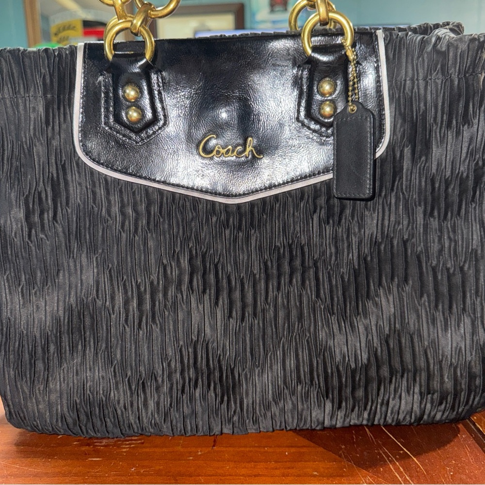 COACH #20050 Ashley Black Gathered Satin Satchel Carryall HandBag - Picture 4 of 9